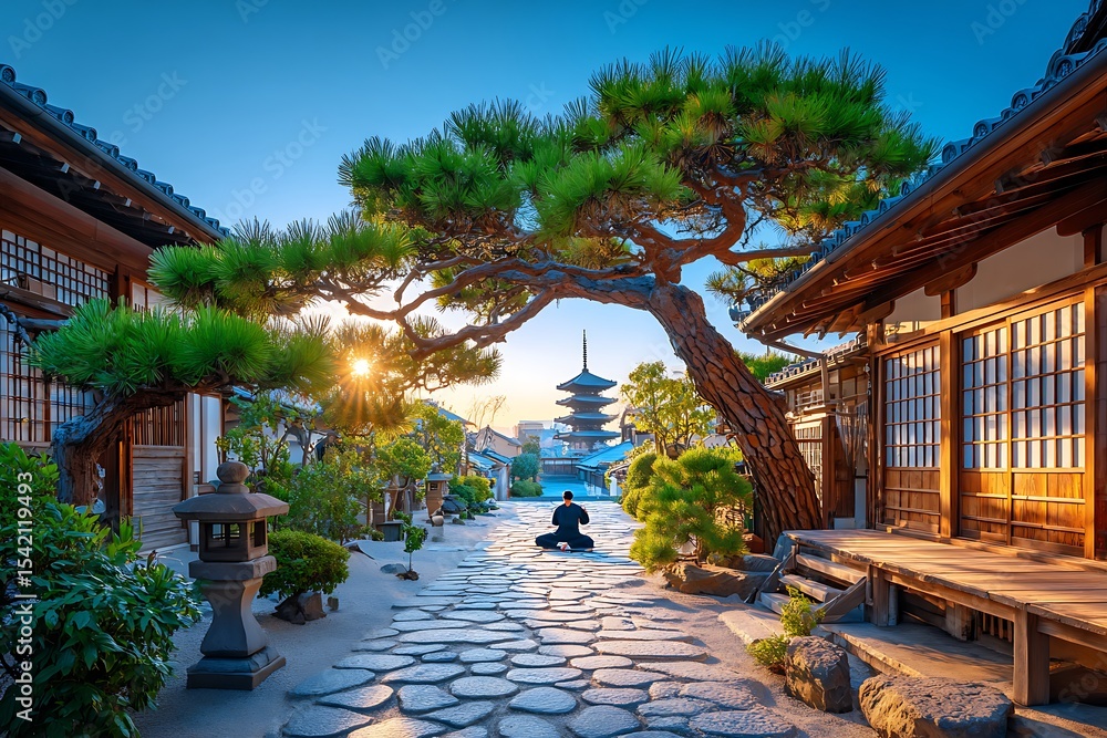 Obraz premium Peaceful Japanese street scene at sunrise