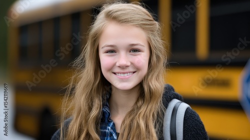 Smiling school girl stands confidently next to a yellow school bus, holding her books and wearing a backpack on her first day of high school, ready to embrace new challenges.