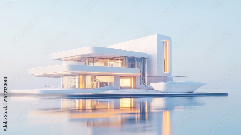 Fototapeta premium Futuristic waterfront villa with sleek design and serene reflection on the water