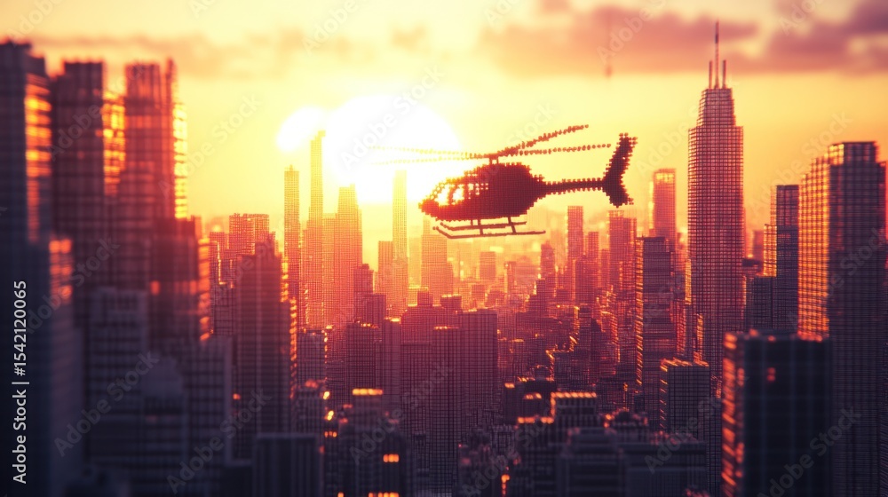 Fototapeta premium Helicopter soaring above the cityscape at golden hour casting pixelated shadows