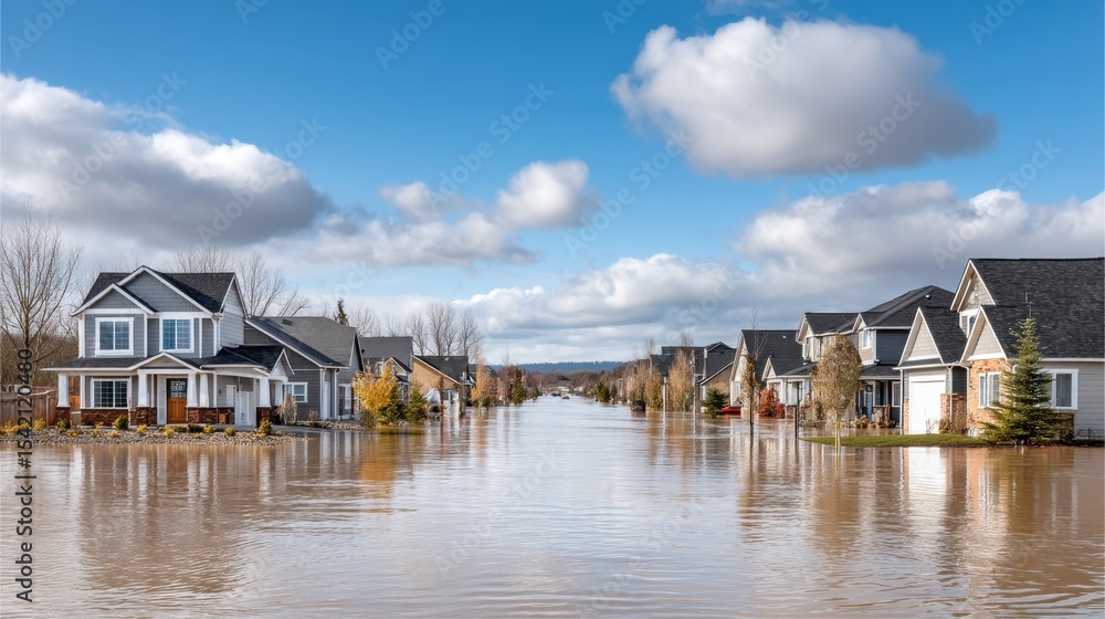 Obraz premium Devastating Flooding in Suburban Neighborhood - Climate Change Emergency