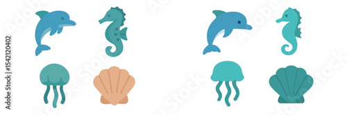 Colorful marine life illustrations featuring dolphins, seahorses, jellyfish, and seashells in playful arrangement