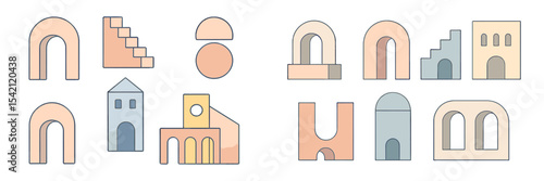 Colorful geometric shapes representing architectural elements in a modern design layout showing variety and creativity