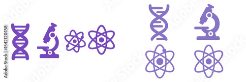 Icons representing scientific research including DNA, microscope, and atom symbols in purple color scheme