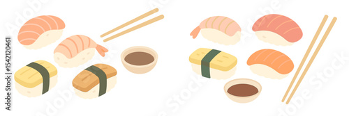 Colorful sushi platter featuring various types of sushi, accompanied by dipping sauces and chopsticks on a minimalist background