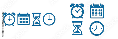 Visual representation of timekeeping elements in various formats showcasing clocks, calendars, and hourglasses in blue tones