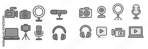 Set of various digital media and recording equipment icons suitable for online content creation or streaming setup essentials