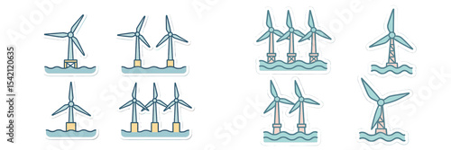 Wind turbines generating renewable energy in offshore location with calm waters and clear sky