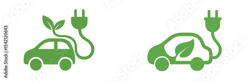 Green electric cars with charging plugs and leaves symbolize eco-friendly transportation solutions