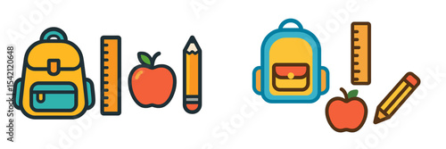 Colorful school supplies and backpacks arranged for back-to-school preparations on a bright surface