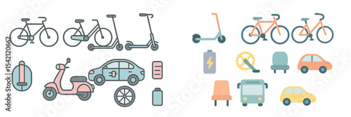 Diverse modes of urban transportation with bicycles, scooters, and cars illustrating sustainable mobility options