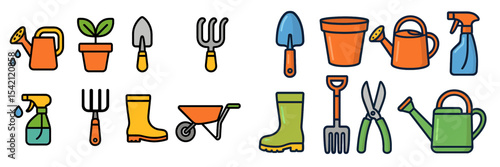 Gardening tools and supplies arranged in a neat layout for spring planting season preparation