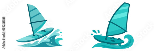 Windsurfers gliding across turquoise waves under a bright sun at a lively beach