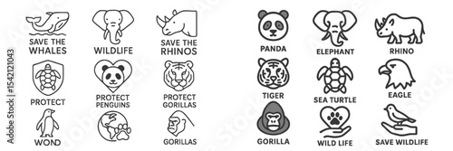 Unique animal conservation icons promoting wildlife preservation and protection of endangered species and their habitats