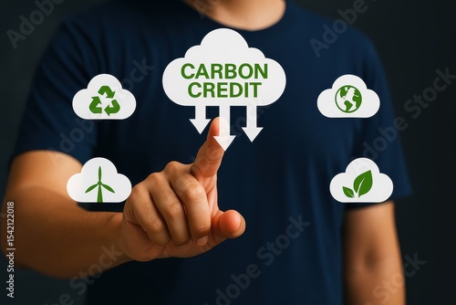 Hand Touching Carbon Credit Icon with Environmental Concepts in Background