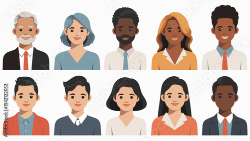 Illustration of ten diverse people in business attire against white background