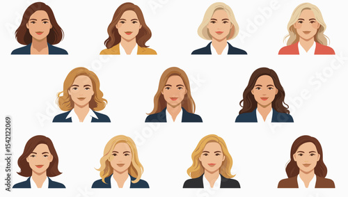 Illustration showing variations of women with different hair and blazer colors