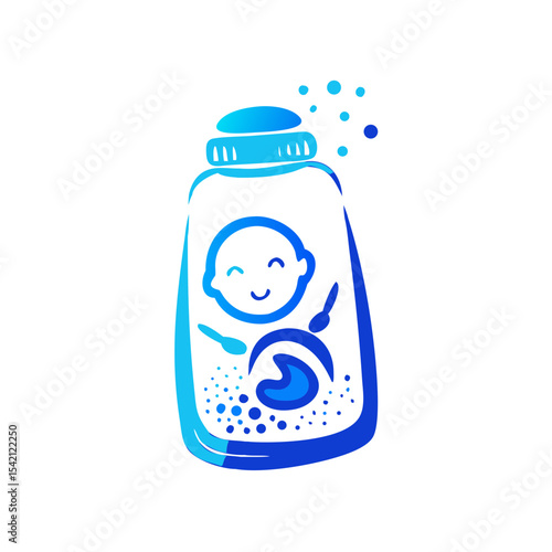 Baby powder bottle with smiling baby graphic design in blue colors  