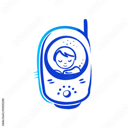 Baby monitor with smiling child image inside and blue design  