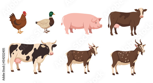 Illustration of a variety of farm animals including chicken duck pig cow and goat