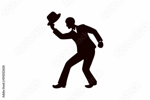Elegant Black Silhouette of a Dancer Tipping Hat in Motion