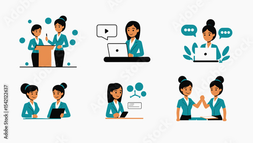 Illustrated businesswomen in various professional settings and activities