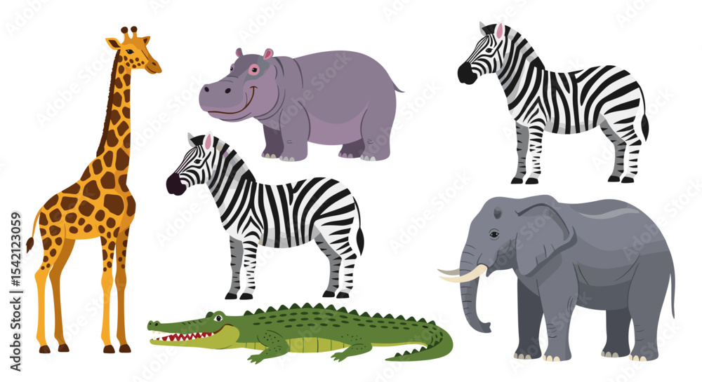 Obraz premium Illustration of a giraffe hippo zebras crocodile and elephant on white background