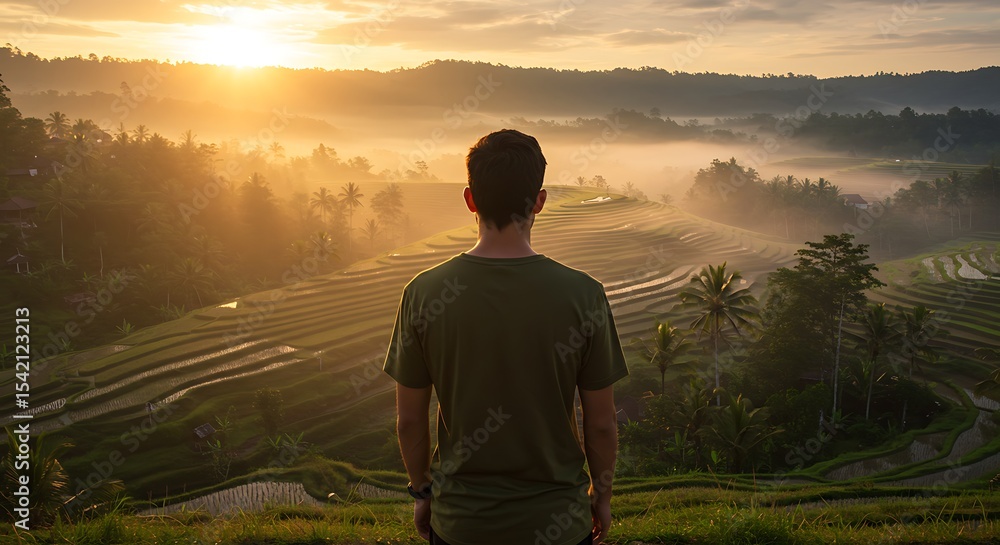 Fototapeta premium Sunrise Over Rice Terraces A Man Contemplates the Breathtaking View