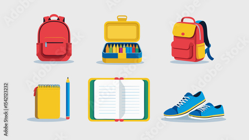 Illustration of school supplies including backpacks, lunchbox, and notebook