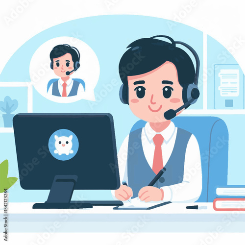 Cartoon Person with headset at computer taking notes another persons image in speech bubble
