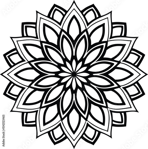  Intricate black and white floral mandala with layered petal symmetry