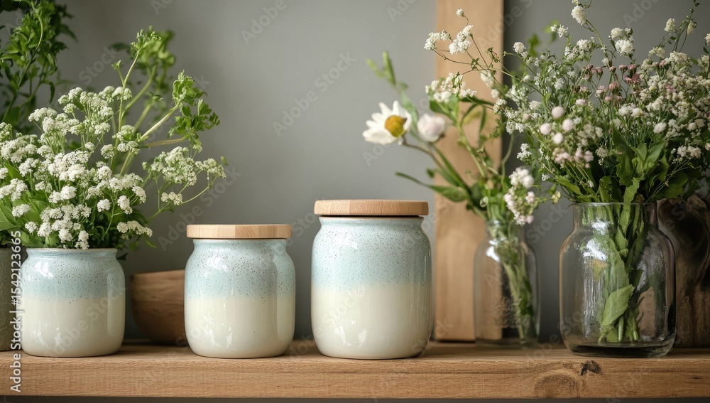 custom made wallpaper toronto digitalLight-toned ceramic jars and bouquets on a wooden shelf against a muted backdrop