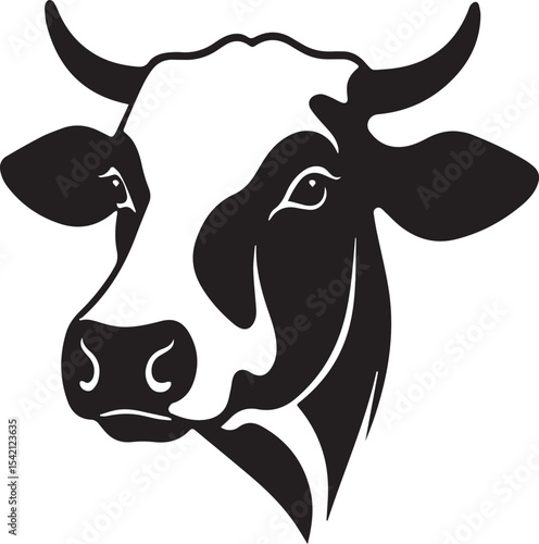 Vector Illustration of a Cow's Head, Black and White Silhouette.