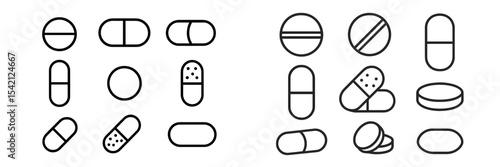 Pill and capsule illustrations arranged in a grid showcasing various shapes and designs in a minimalist style