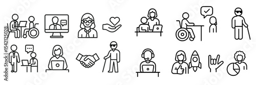 Icons depicting various professional and social interactions in diverse settings focusing on inclusivity and support