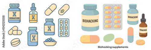 Various biohacking supplements arranged on a surface showcasing nutritional products for health enhancement and wellness