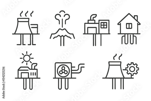 Energy sources illustrated with diverse representations of heat and power generation methods in a simple layout