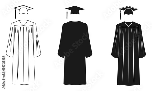 graduation gown and cap icon set vector illustration isolated on white background.