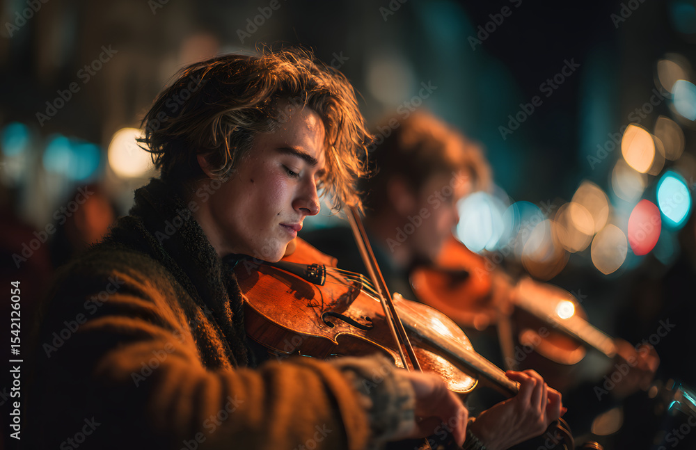 Fototapeta premium Street musician playing violin in city at night
