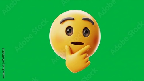 Animated digital emoji face with thoughtful expression on a green screen for communication and technology graphics