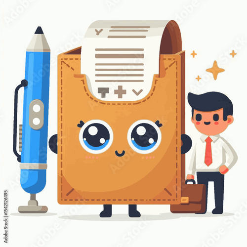 Cartoon scene with a business person a document holder with eyes and a pencil