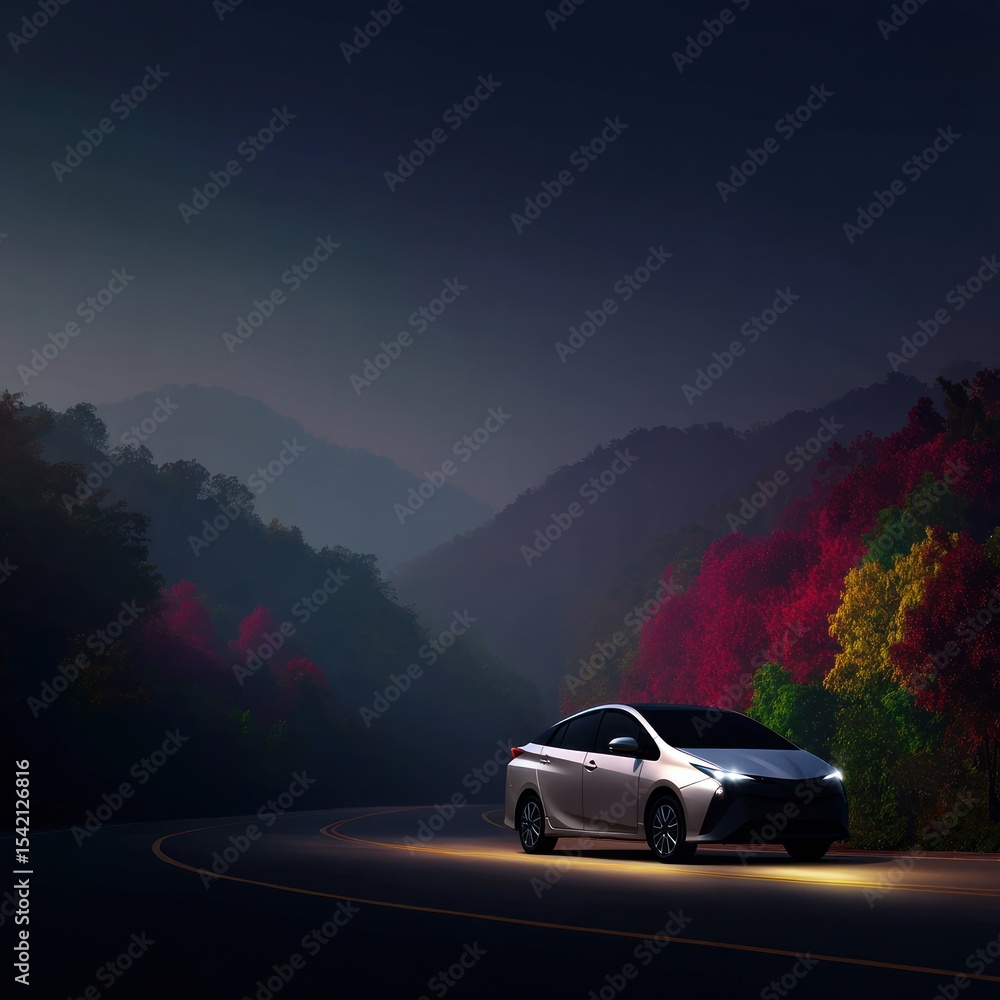 Naklejka premium Silver car on winding road through autumnal mountains
