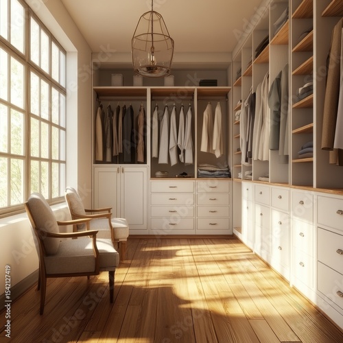Sun-drenched walk-in closet with light wood floors and white cabinets.  Two light beige armchairs sit beside a large window