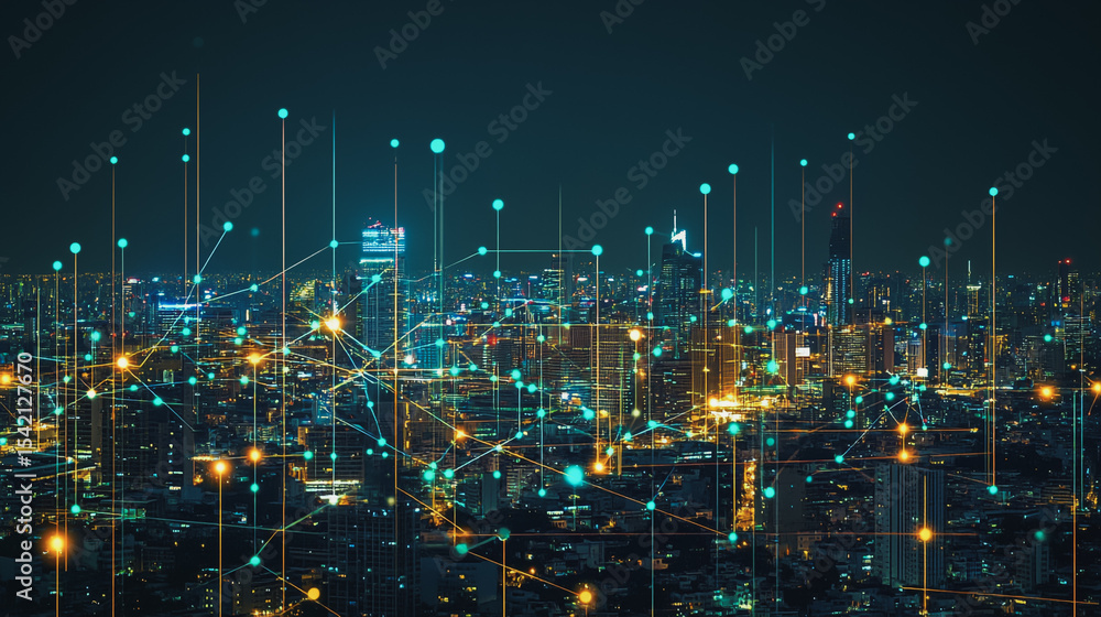 Naklejka premium Smart Innovation city with connection cyber security network reciprocity over the sunset cityscape future wireless digital city and social media networking systems that connects people in the city