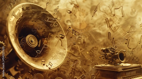 Ornate musical instrument with floating musical notes.