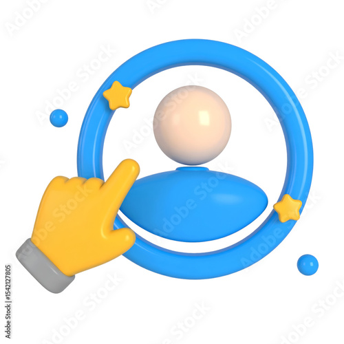3D illustration of user profile icon with yellow hand pointer, blue circular frame, and decorative stars, representing account selection or user interface in playful, modern style