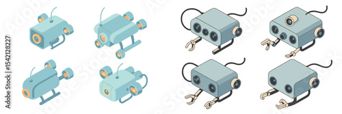 Various robotic devices designed for underwater exploration and manipulation tasks in marine environments during daytime