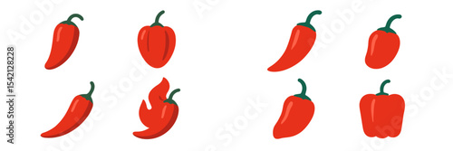 Collection of colorful red chili peppers in various shapes and designs against a clean background