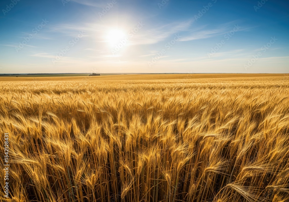 Obraz premium Golden Harvest Field under Blue Sky. Expansive sunlit landscape of maturing cereal crops against a vibrant firmament. It embodies natural abundance, growth, and agricultural prosperity.