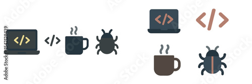 Creative illustrations portraying programming concepts with coffee, bugs, and laptops in a minimalist design
